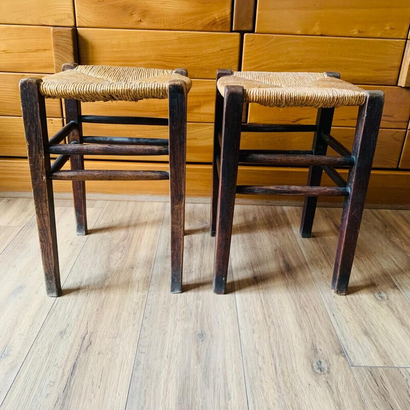 Paire de tabourets vintage en bois et paille