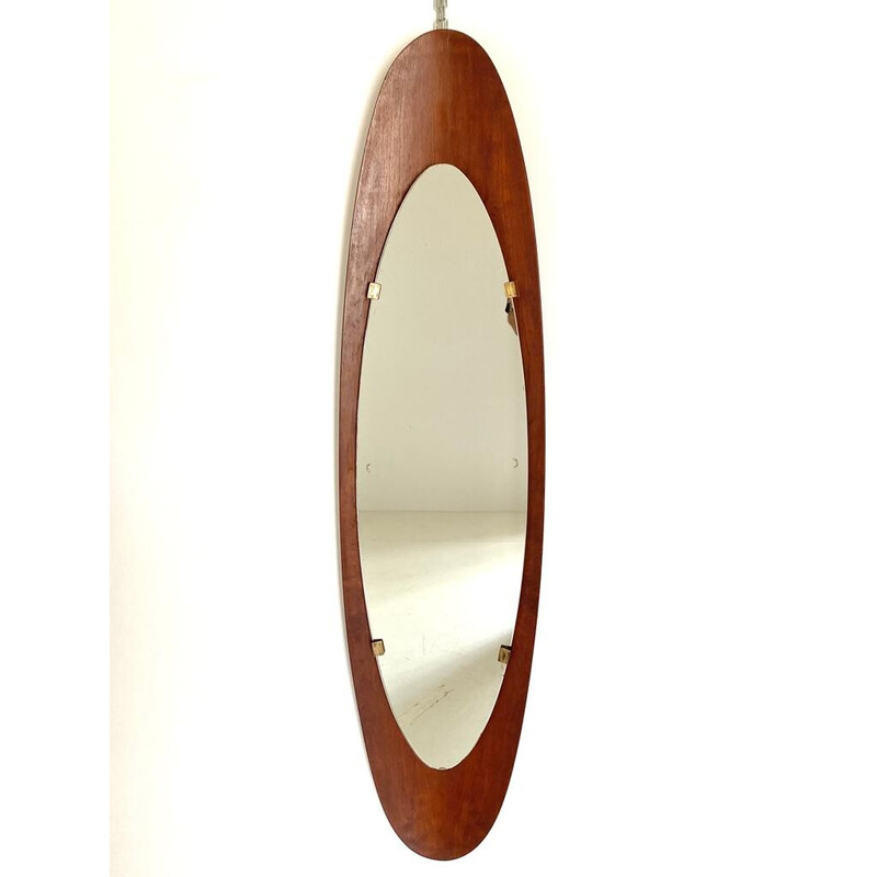 Vintage oval mirror in curved wood and brass by Campo et Graffi for Creazioni Stilcasa, Italy 1950