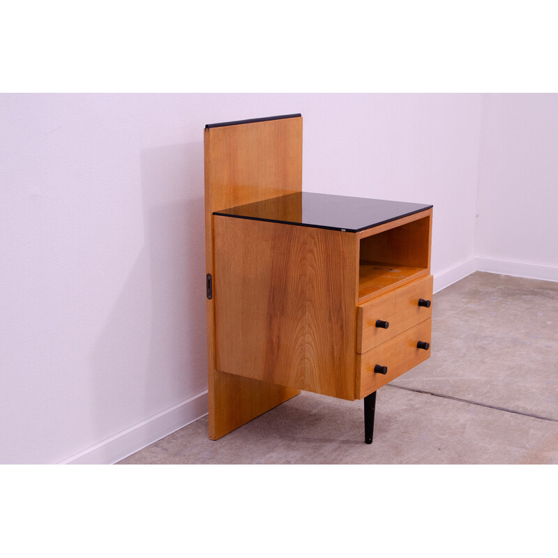 Vintage beech wood and glass nightstand by Mojmír Požár for Up Závody, Czechoslovakia 1960