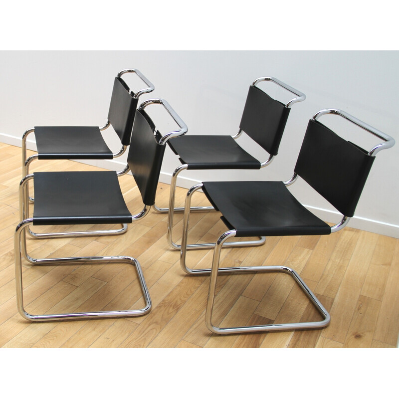 Set of 4 vintage B33 chromed aluminum and leather chairs by Marcel Breuer, 1960