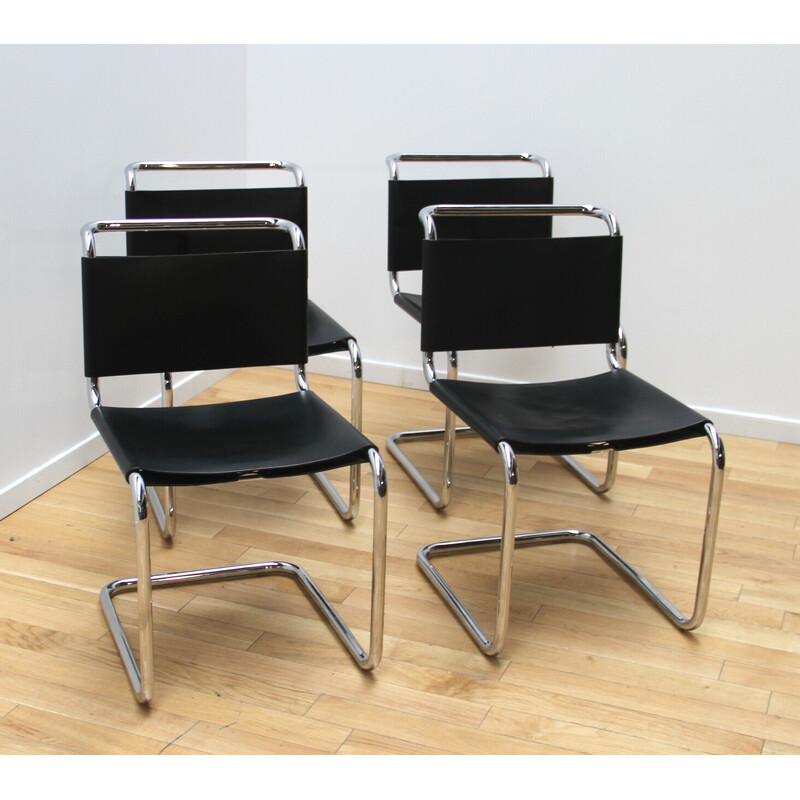 Set of 4 vintage B33 chromed aluminum and leather chairs by Marcel Breuer, 1960