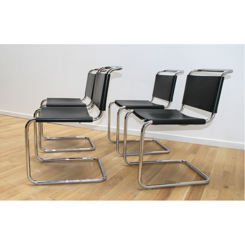 Set of 4 vintage B33 chromed aluminum and leather chairs by Marcel Breuer, 1960