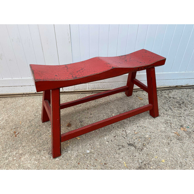 Vintage red end of bed bench in solid wood, 1950