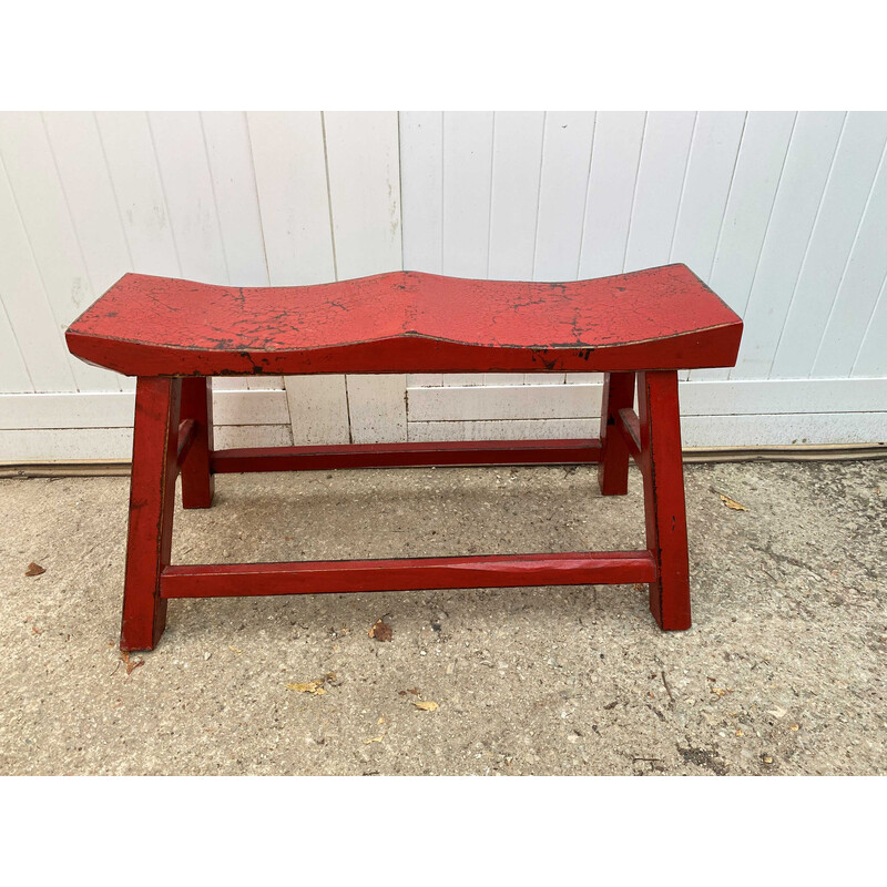 Vintage red end of bed bench in solid wood, 1950