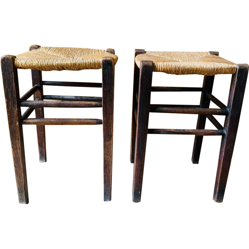 Paire de tabourets vintage en bois et paille