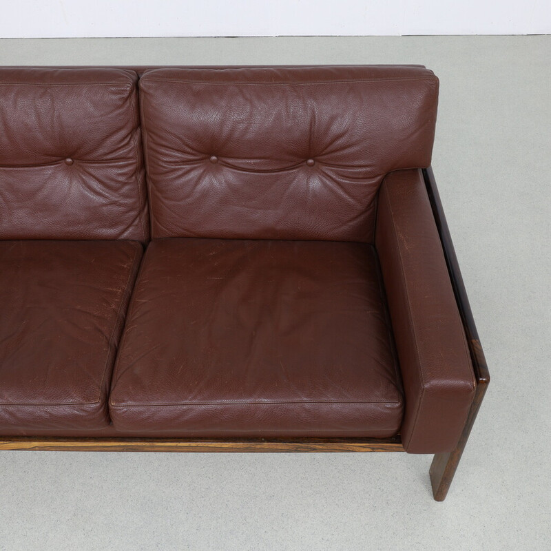 Vintage 2-seater leather and rosewood sofa by H. W. Klein for Bramin, Denmark 1970