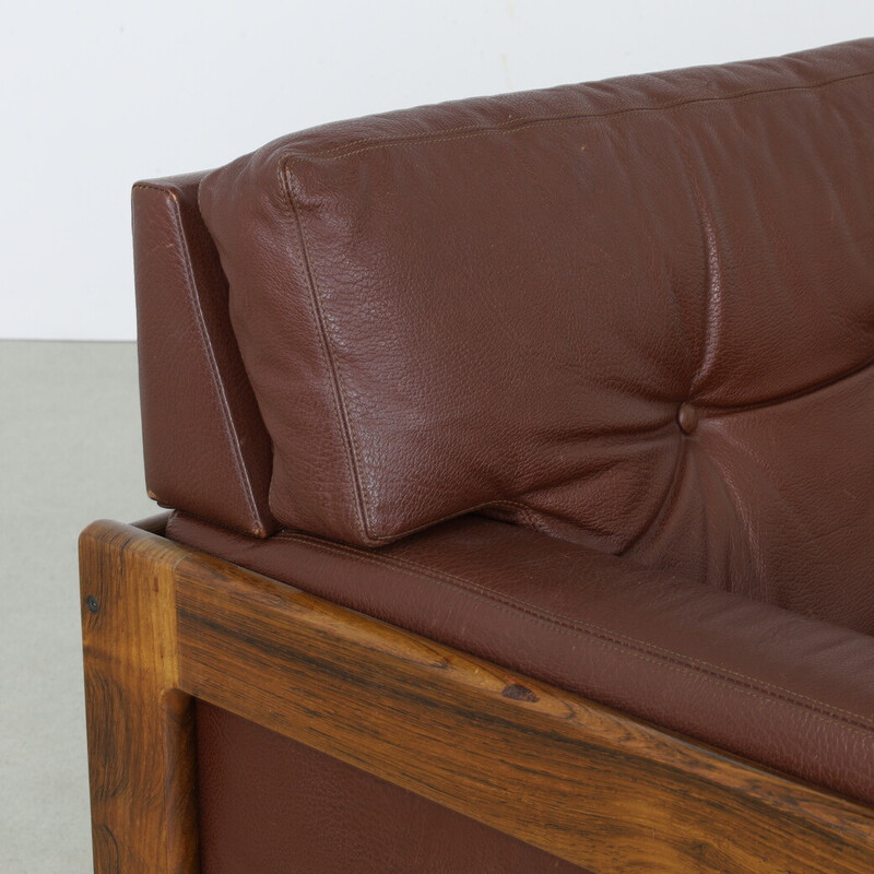 Vintage 2-seater leather and rosewood sofa by H. W. Klein for Bramin, Denmark 1970