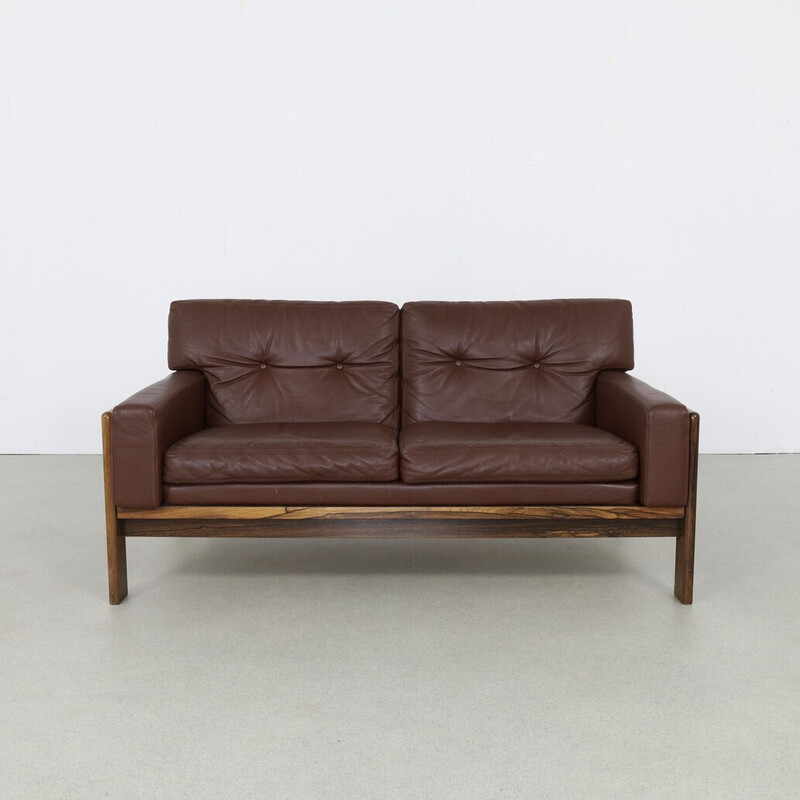 Canapé 2 places vintage en cuir et palissandre par H. W. Klein pour Bramin, Danemark 1970