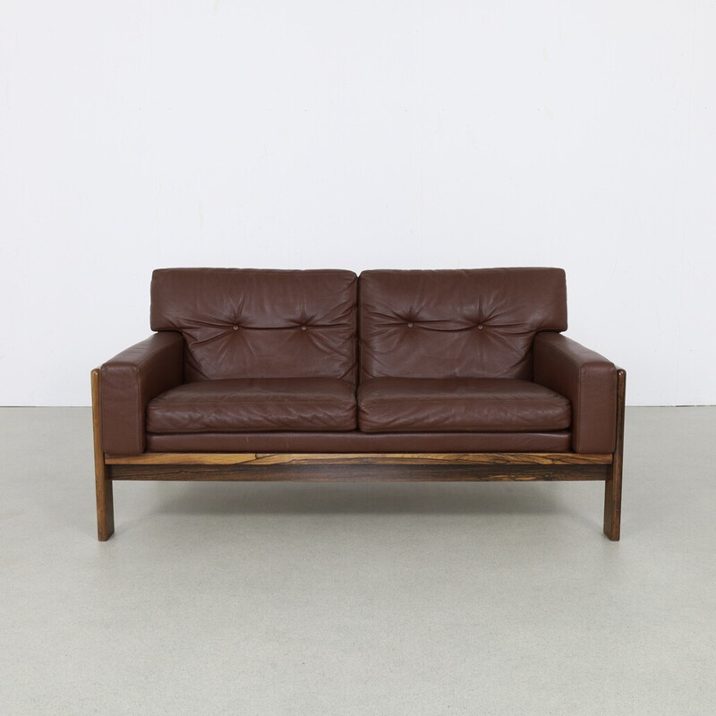 Vintage 2-seater leather and rosewood sofa by H. W. Klein for Bramin, Denmark 1970