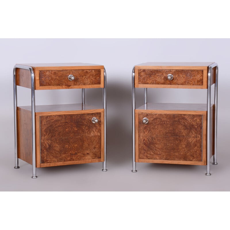 Pair of vintage Bauhaus bedside tables in chrome steel and walnut for Hynek Gottwald, Czechoslovakia 1930