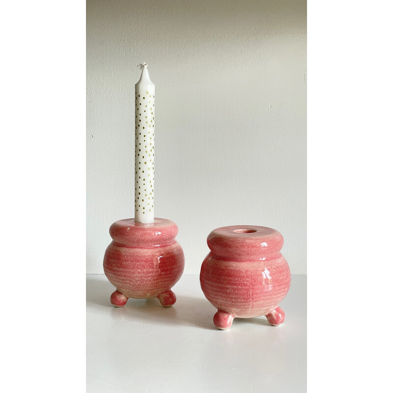 Pair of vintage pink ceramic candlestick, 1990