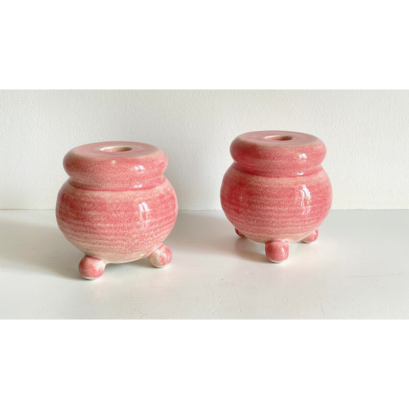 Pair of vintage pink ceramic candlestick, 1990