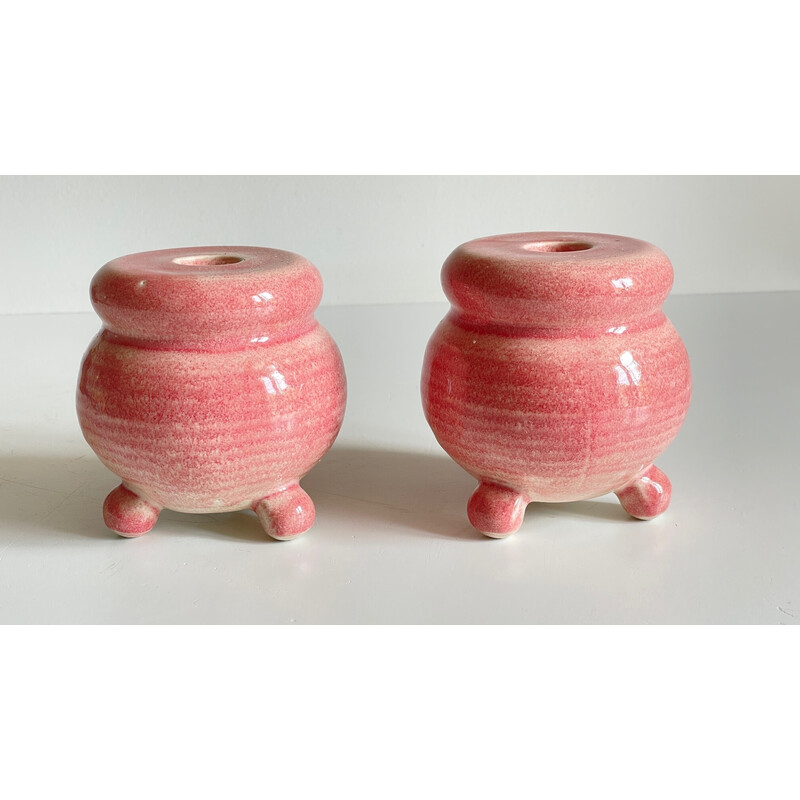 Pair of vintage pink ceramic candlestick, 1990