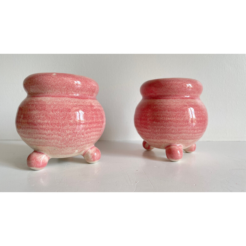 Paire de bourgeoirs vintage en céramique rose, 1990