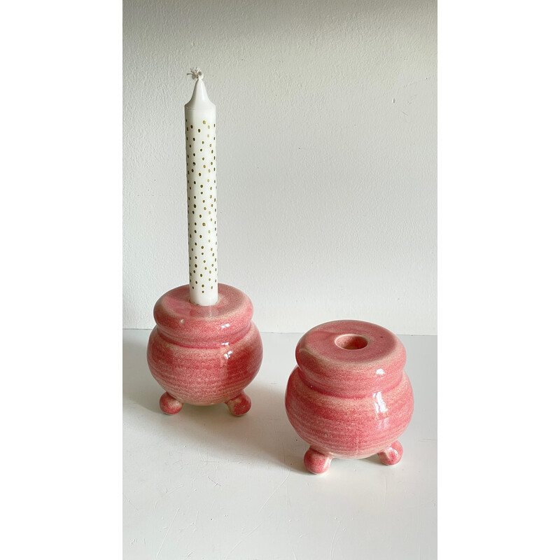 Pair of vintage pink ceramic candlestick, 1990