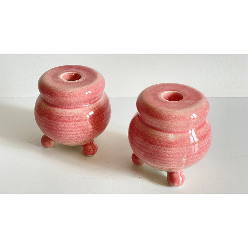 Pareja de portavelas vintage de cerámica rosa, 1990