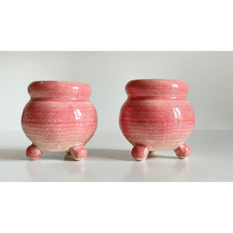 Pair of vintage pink ceramic candlestick, 1990