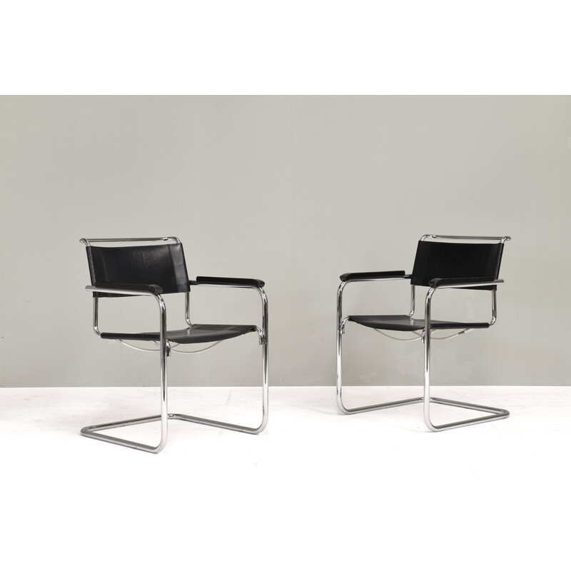 Pair of vintage S34 armchairs in black leather and chrome by Mart Stam for Thonet, Germany 1927