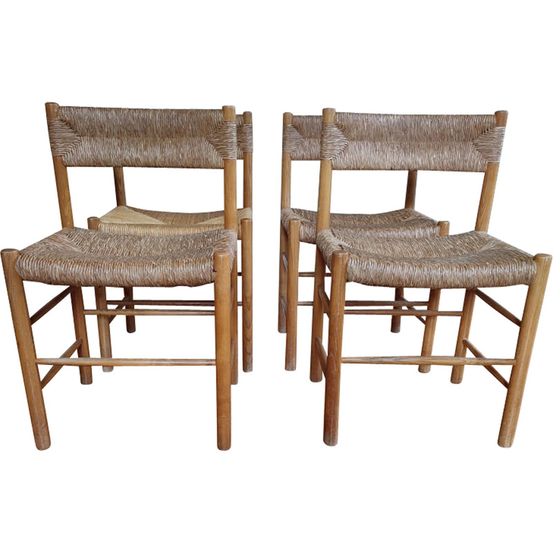 Set of 4 vintage Dordogne chairs in ash and woven straw by Charlotte Perriand for Robert Sentou, 1950