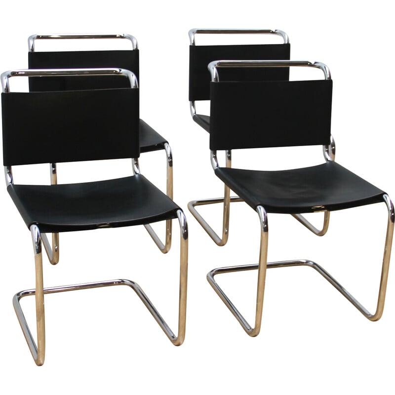 Set of 4 vintage B33 chromed aluminum and leather chairs by Marcel Breuer, 1960