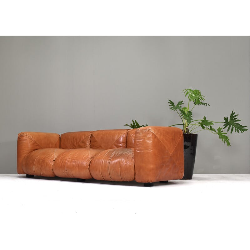 Vintage 3-seater sofa in beige leather by Mario Marenco for Arflex, Italy 1970