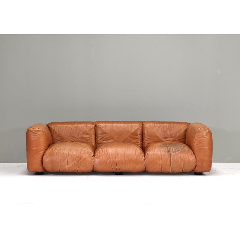 Vintage 3-seater sofa in beige leather by Mario Marenco for Arflex, Italy 1970