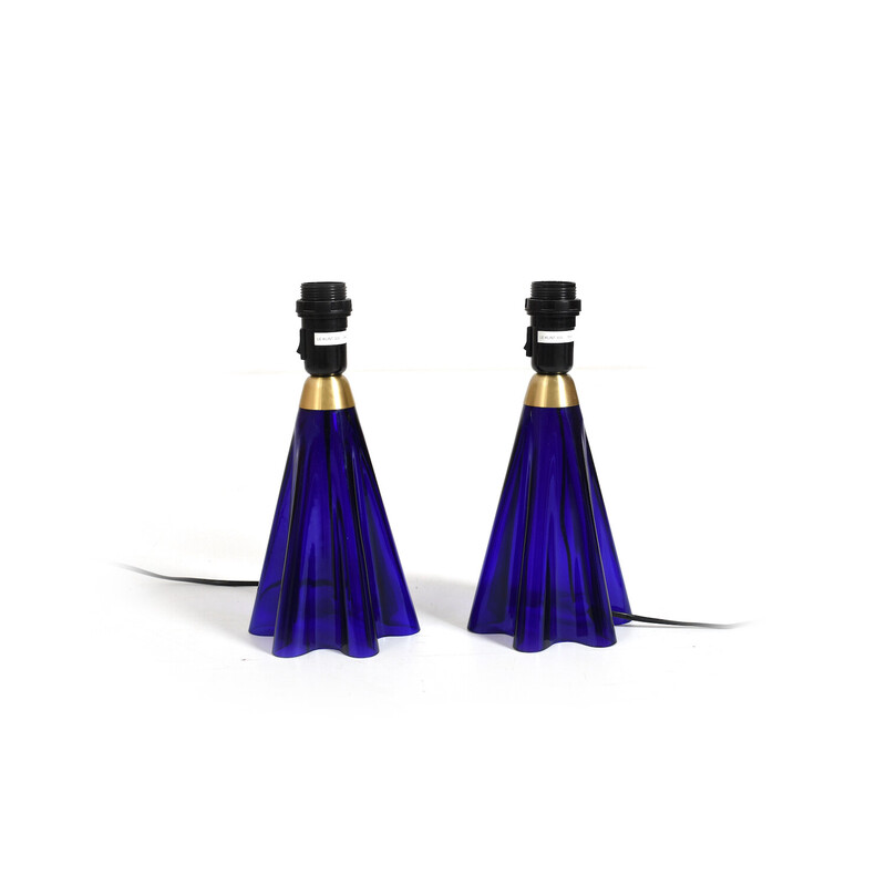 Pair of vintage LeKlint table lamps in blue glass for Holmegaard, 1970