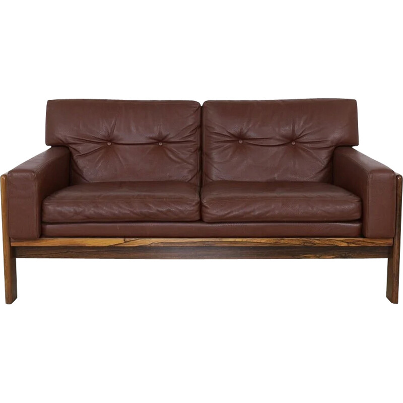 Vintage 2-seater leather and rosewood sofa by H. W. Klein for Bramin, Denmark 1970