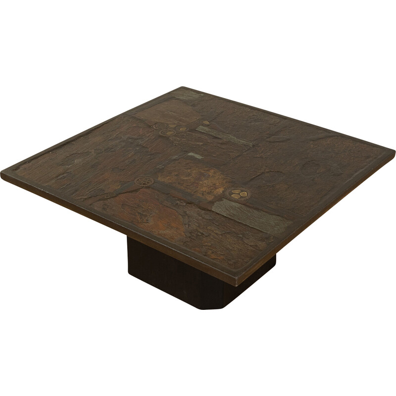 Vintage  coffee table with copper and brass inlays by Marcus Kingma, Netherlands 1982
