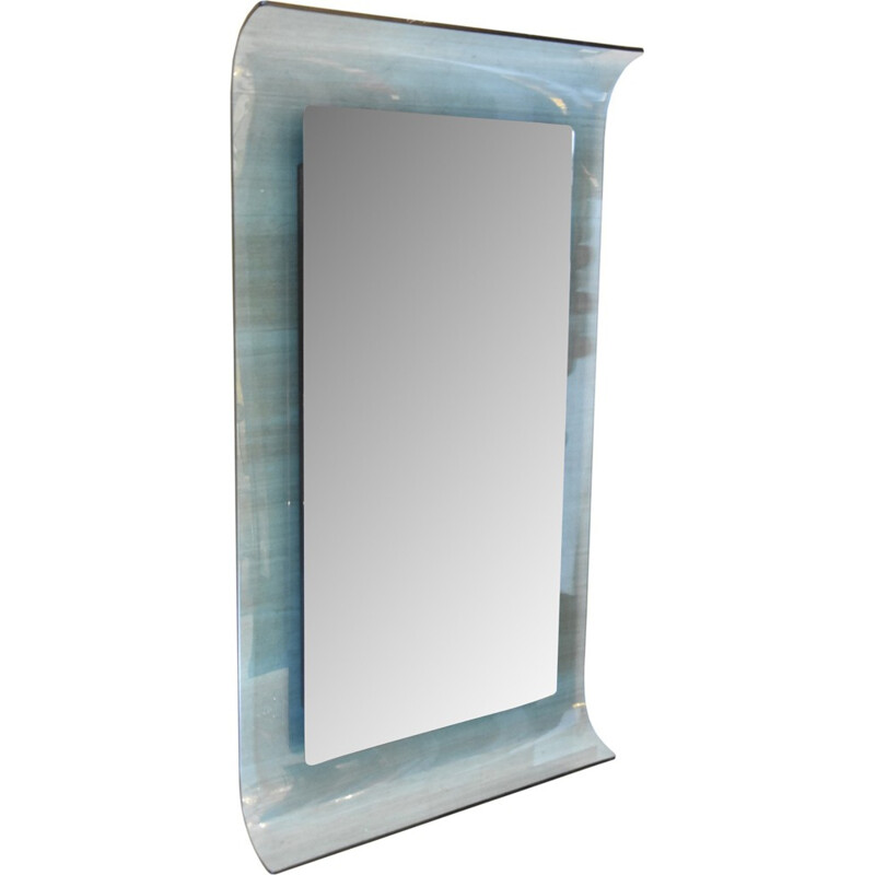 Vintage gebogen spiegel met blauw kristalglas van Santambrogio en De Berti, Italië 1960