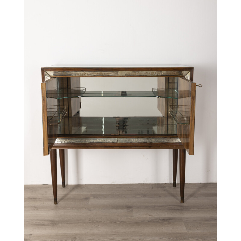 Vintage bar cabinet in walnut wood and glass, Italy 1950