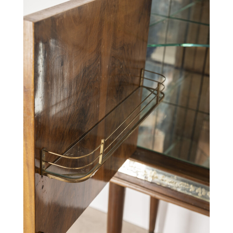 Vintage bar cabinet in walnut wood and glass, Italy 1950