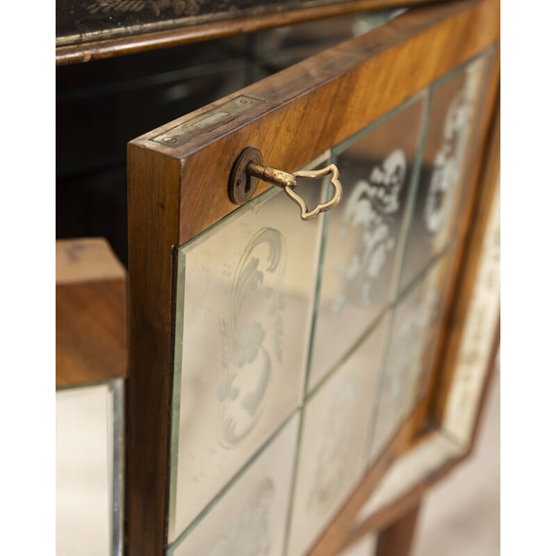 Vintage bar cabinet in walnut wood and glass, Italy 1950