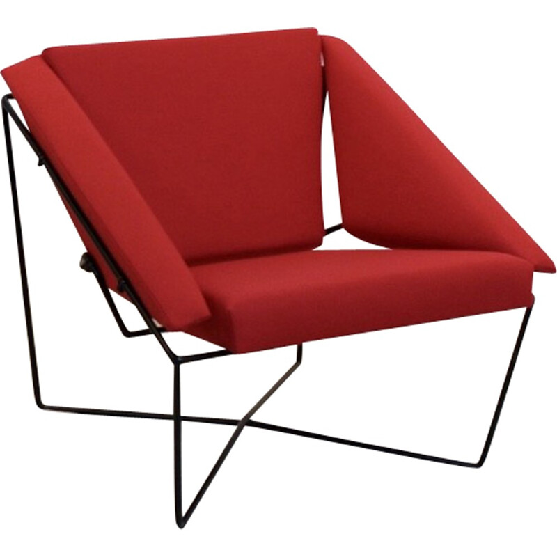 Sculptural pair of Van Speyk red easy chairs in wool and steel by Rob Eckhardt - 1980s