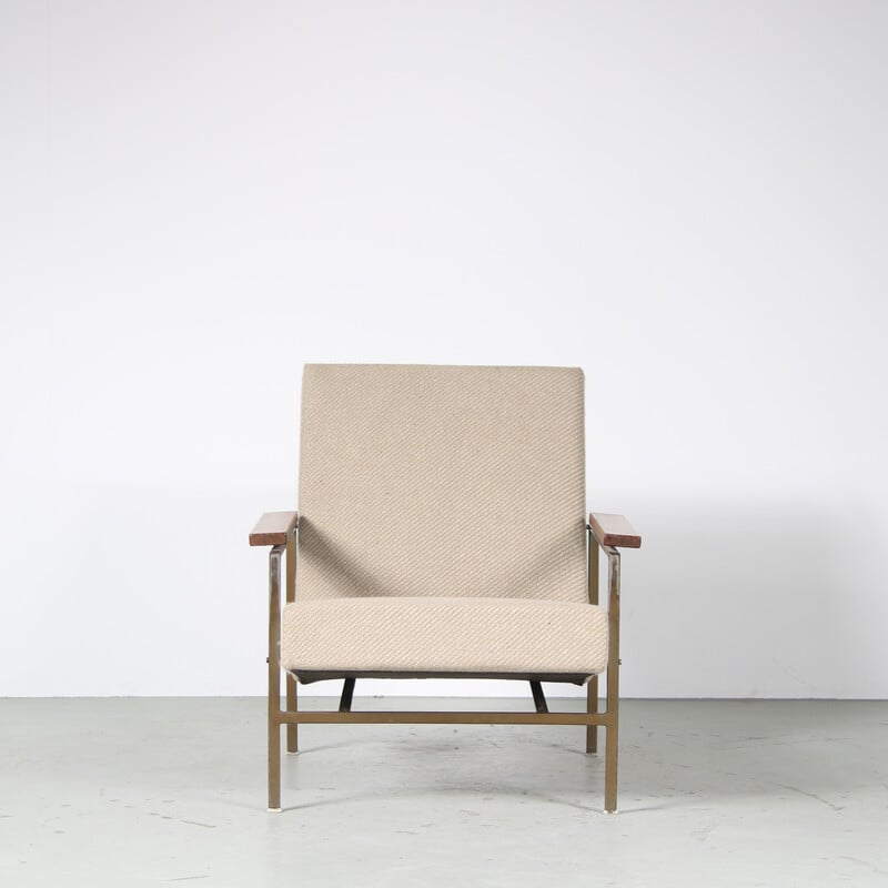 Vintage armchair in steel and brown wood by Rob Parry for Gelderland, Netherlands 1950