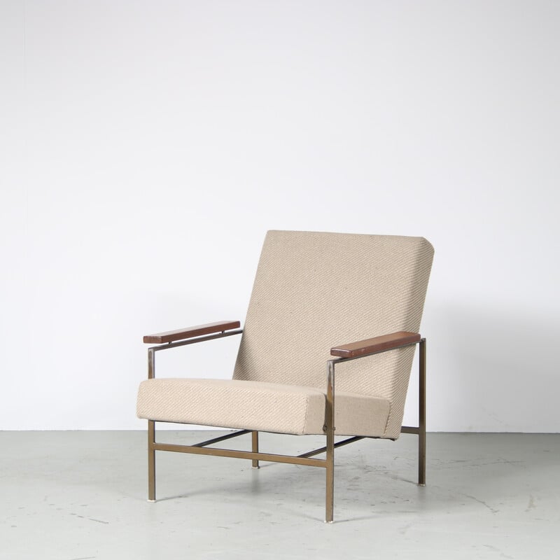 Vintage armchair in steel and brown wood by Rob Parry for Gelderland, Netherlands 1950