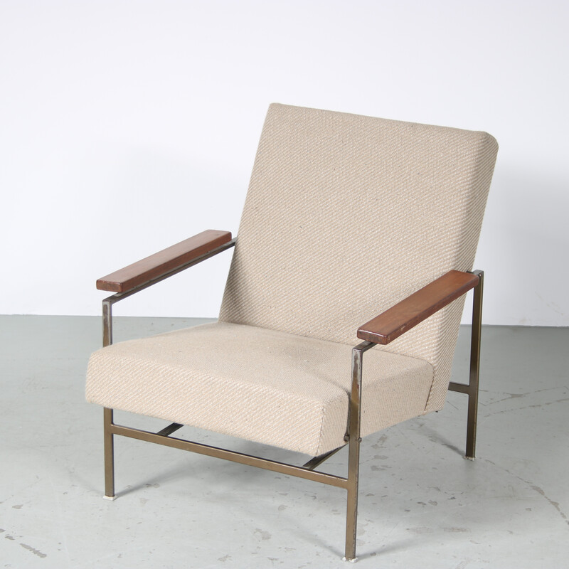 Vintage armchair in steel and brown wood by Rob Parry for Gelderland, Netherlands 1950