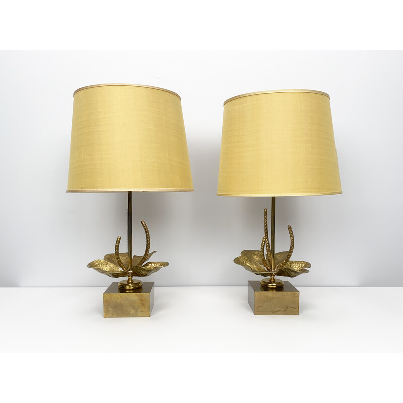 Pair of vintage Nenuphar Water Lily table lamps in bronze and brass for Maison Charles, France 1960