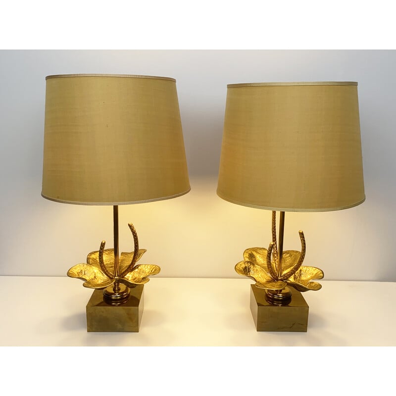 Pair of vintage Nenuphar Water Lily table lamps in bronze and brass for Maison Charles, France 1960