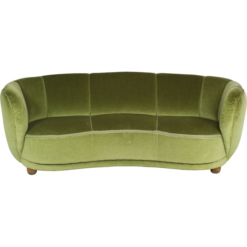 Mid century Scandinavian green sofa in velvet and wood - 1950s