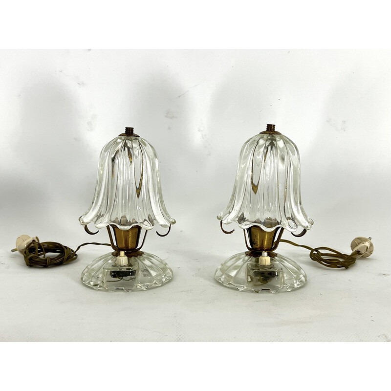 Pair of vintage Murano glass and brass table lamps by Ercole Barovier, 1940