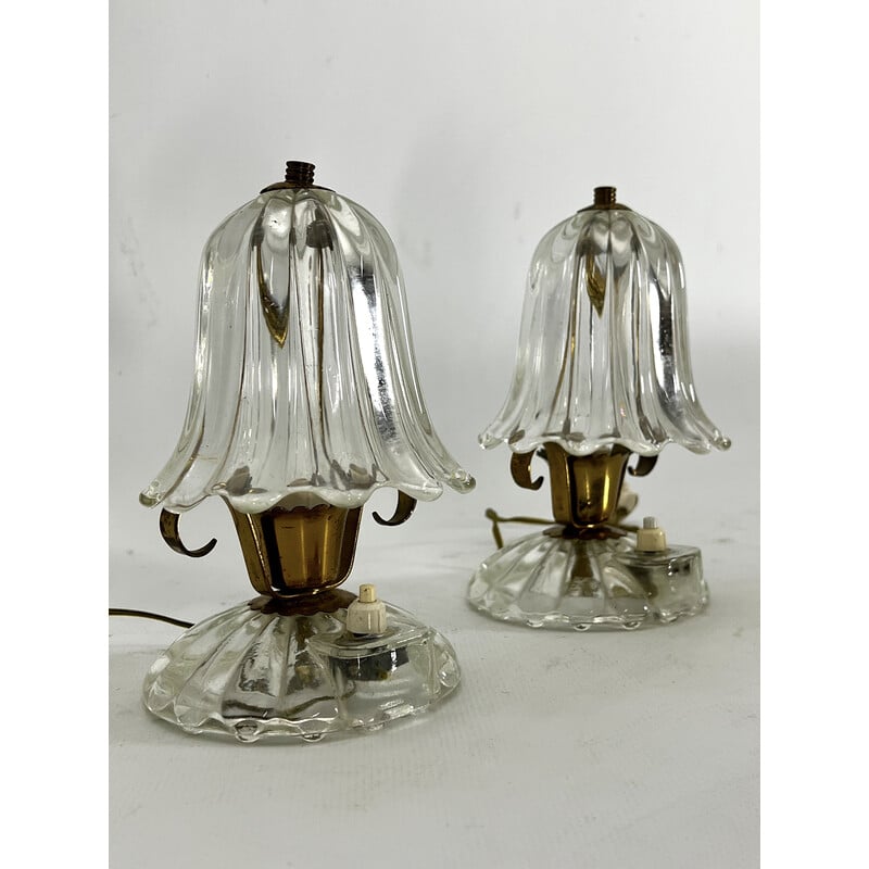 Coppia di lampade da tavolo vintage in vetro di Murano e ottone di Ercole Barovier, 1940