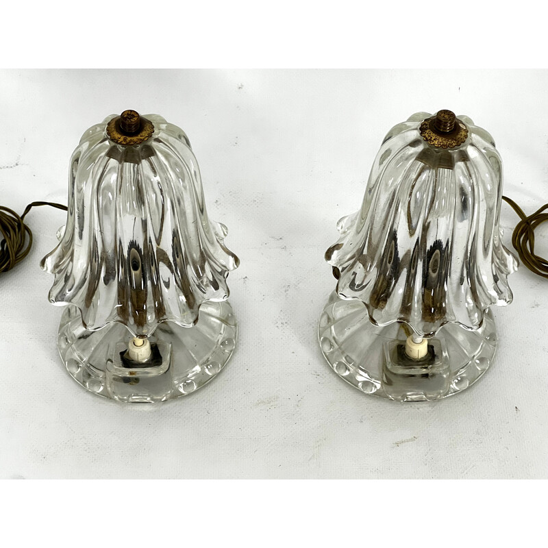 Paar alte Tischlampen aus Muranoglas und Messing von Ercole Barovier, 1940