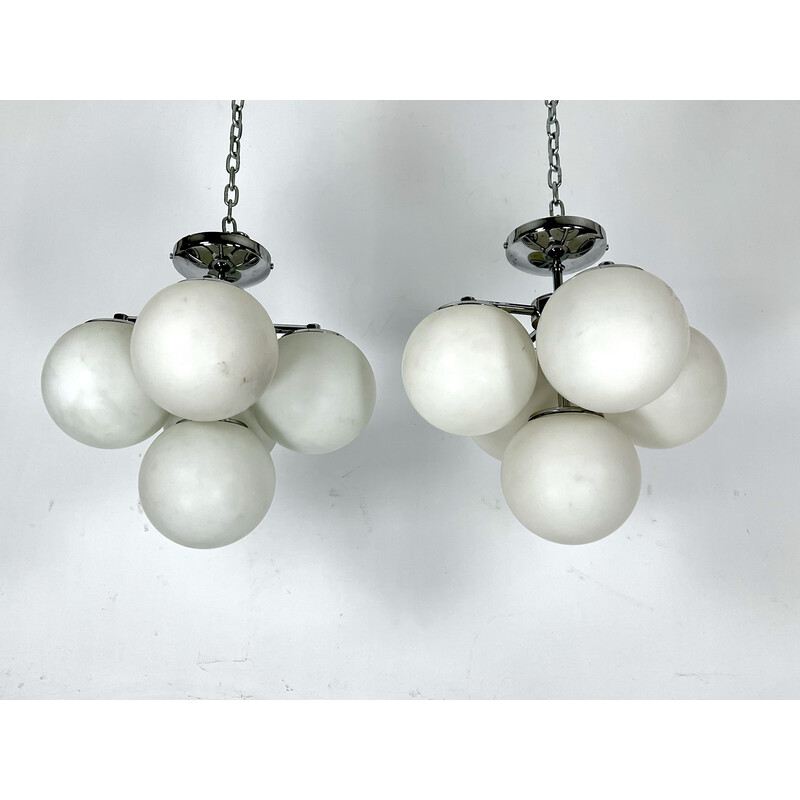 Pair of vintage pendant lamp in chrome and opaline glass, Italy 1980
