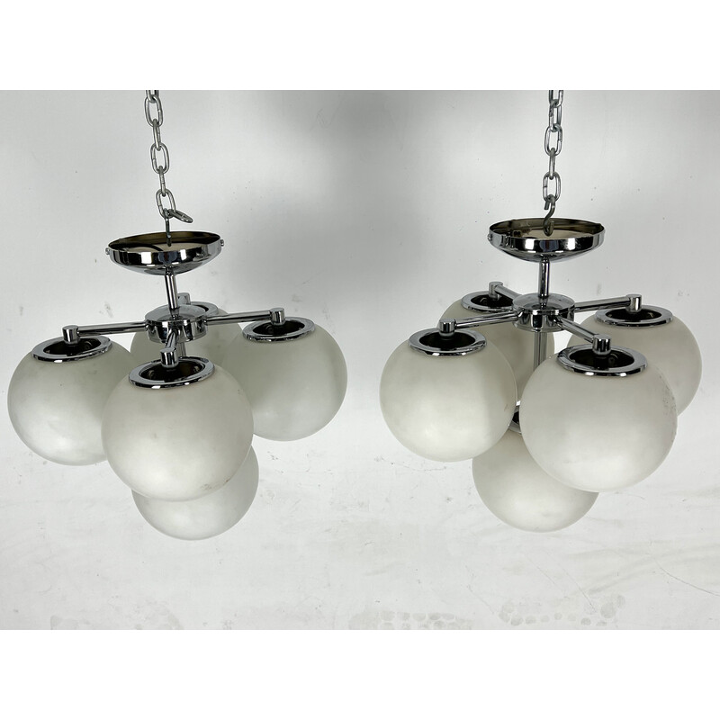 Pair of vintage pendant lamp in chrome and opaline glass, Italy 1980