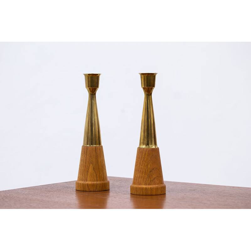 Pair of vintage oak and brass candlesticks, 1960