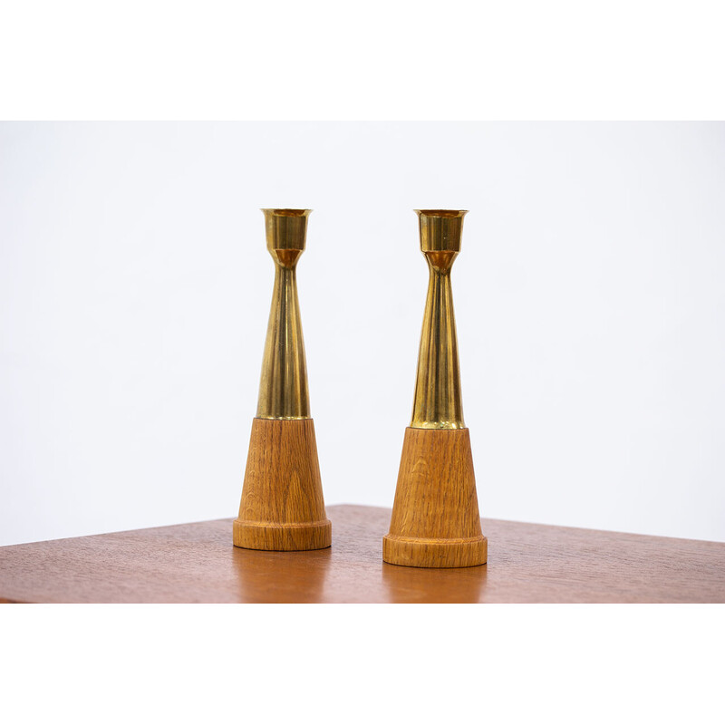 Pair of vintage oak and brass candlesticks, 1960