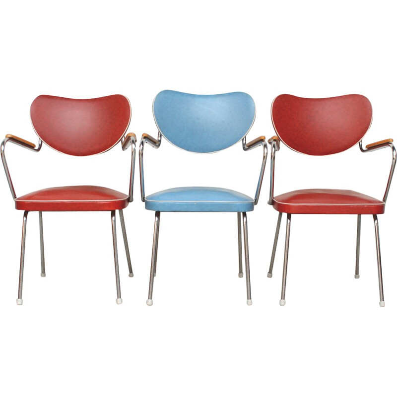 Suite de 3 chaises en simili cuir rouge et bleu - 1950