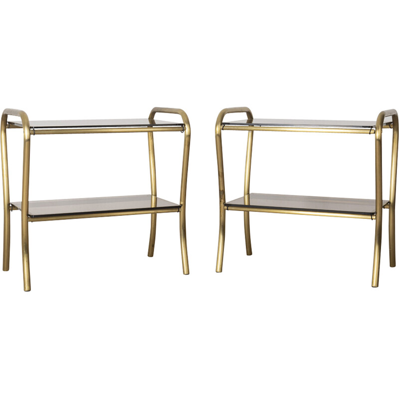 Pair of vintage bedside tables in brass and smoked glass, Italy 1960