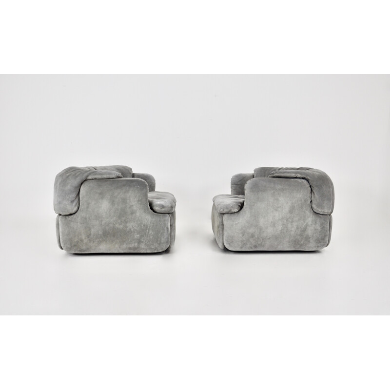 Vintage seat set in grey and blue suede by Alberto Rosselli for Saporiti, Italy 1970